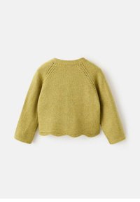 Strickjacke in Olivgrün mit langen Ärmeln, gewelltem Saum und dekorativer Stickerei entlang der Schulternaht. Weiche Textur, lässiges Design.