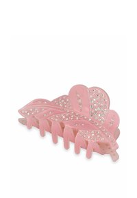 Barrette en plastique rose conçue en forme de feuille, ornée de rhinestones clairs, avec une texture lisse et huit griffes pour une meilleure prise.