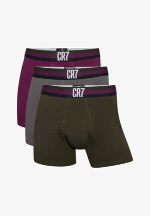 Three pairs of men's boxer briefs featuring colors: burgundy, gray, and olive green. Elastic waistbands with purple and black stripes.