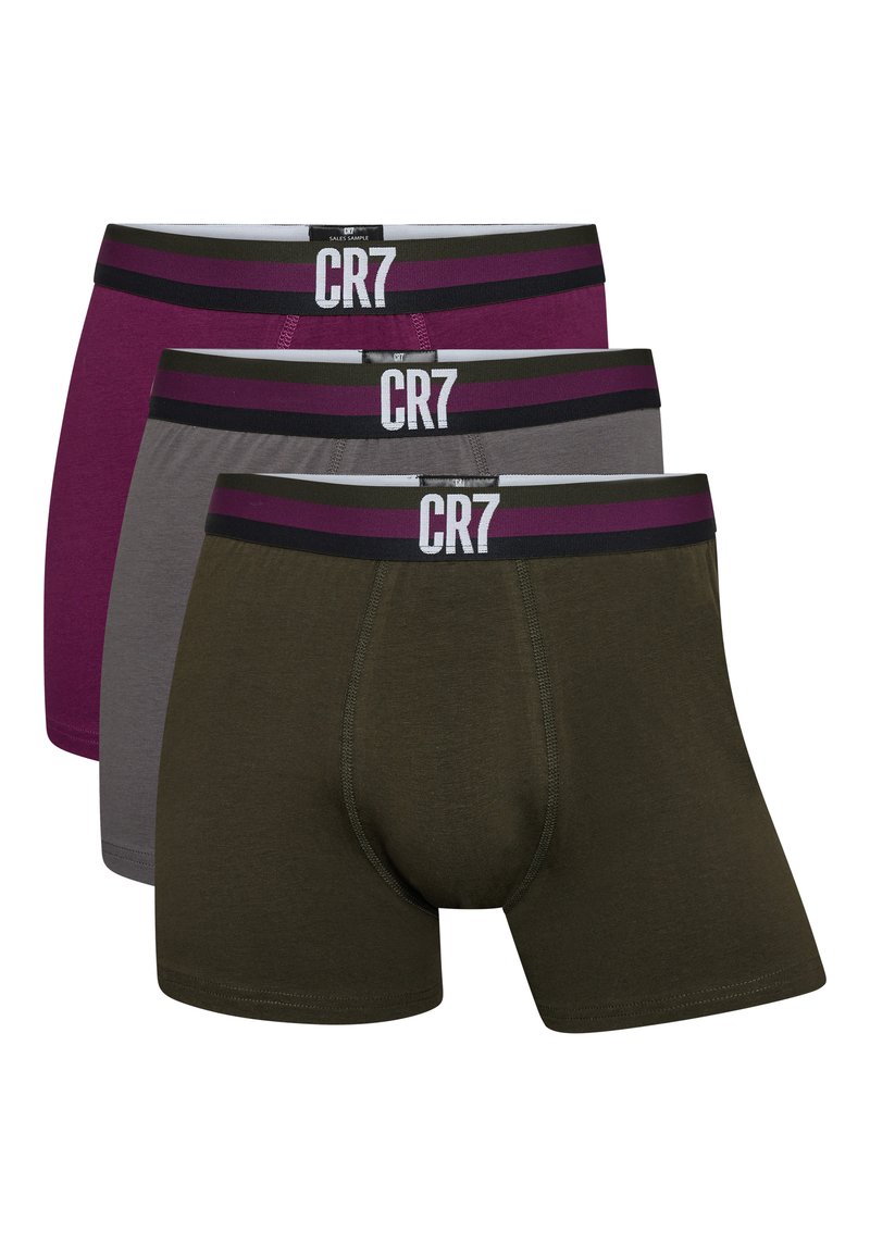 Kolme paria miesten bokserinukkeja, joissa on värit: burgundi, harmaa ja oliivinvihreä. Elastiset vyöt, joissa on purppuran ja mustan raidat.