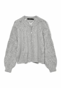 Graue Strickjacke mit strukturiertem Diamantmuster, abgerundetem Ausschnitt und Knopfverschluss. Mit leicht aufgebauschten Ärmeln.