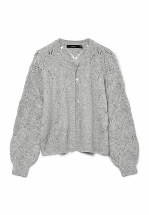Szary dziergany kardigan z teksturowanym wzorem diamentowym, zaokrąglonym dekoltem i zapięciem na guziki. Posiada lekko bufiaste rękawy.