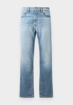 Light blue denim jeans with a straight leg design, featuring fading along the thighs, two front pockets, and a classic button closure.