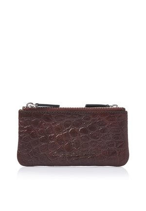 Dark brown textured leather zippered pouch with embossed logo and two silver zipper pulls on a white background.