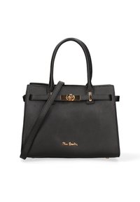 Borsa a tracolla in pelle nera texture con manici doppi, tracolla rimovibile e chiusura a scatto in oro con dettaglio logo.
