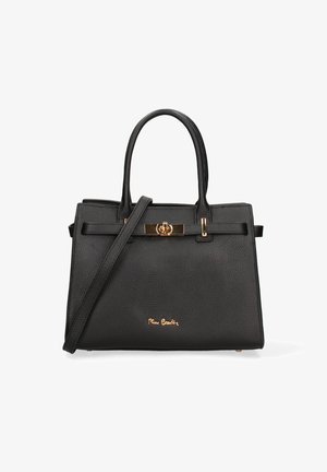 Schwarze, strukturierte Lederhandtasche mit doppelten Griffen, einem abnehmbaren Schulterriemen und goldfarbener Drehverschluss- und Logo-Detail.