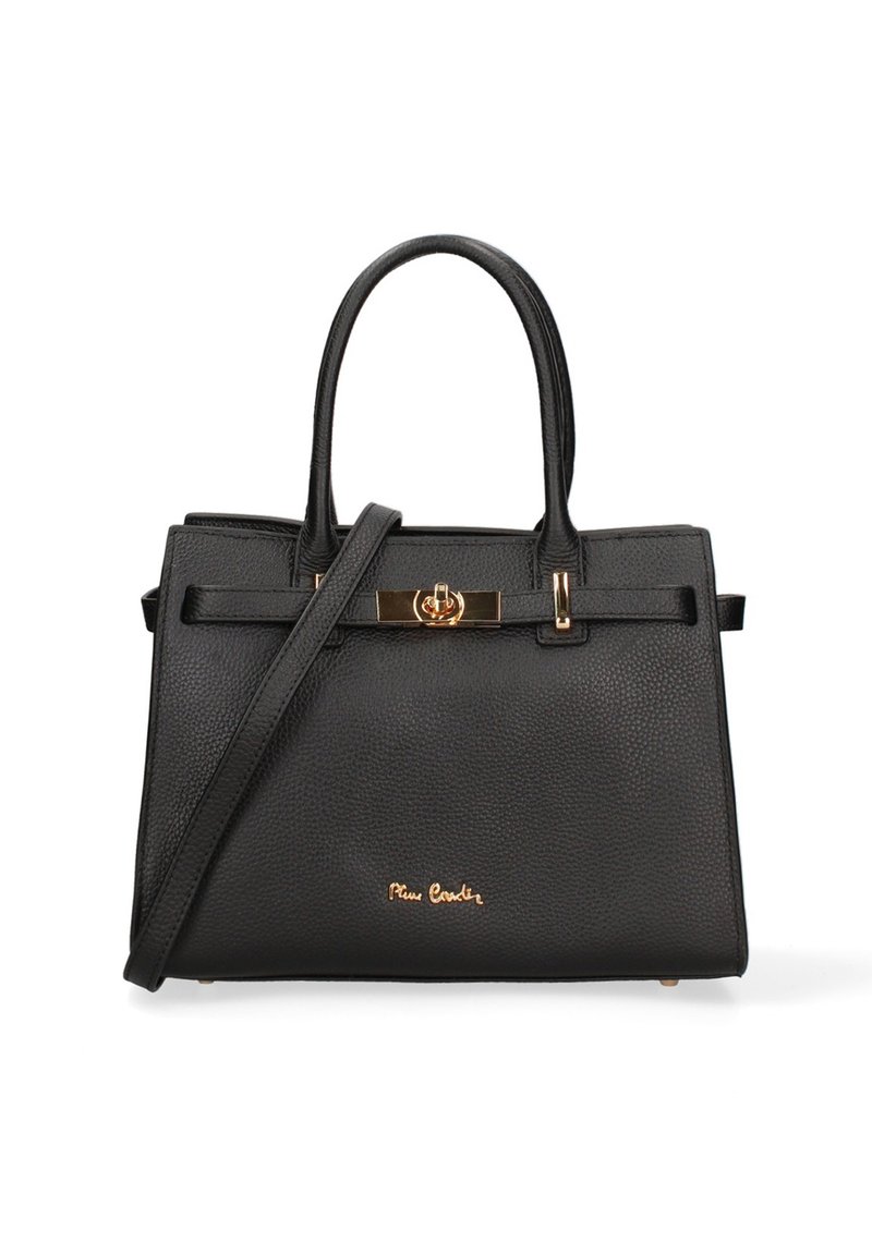 Borsa a tracolla in pelle nera texture con manici doppi, tracolla rimovibile e chiusura a scatto in oro con dettaglio logo.
