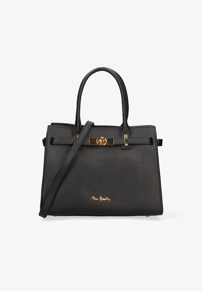 Borsa a tracolla in pelle nera texture con manici doppi, tracolla rimovibile e chiusura a scatto in oro con dettaglio logo.