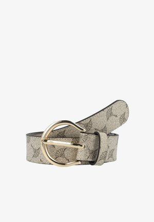 Gemusterter Ledergürtel in Creme- und Brauntönen mit rundem goldfarbenem Schnalle und glatter Oberfläche mit dekorativen Akzenten.