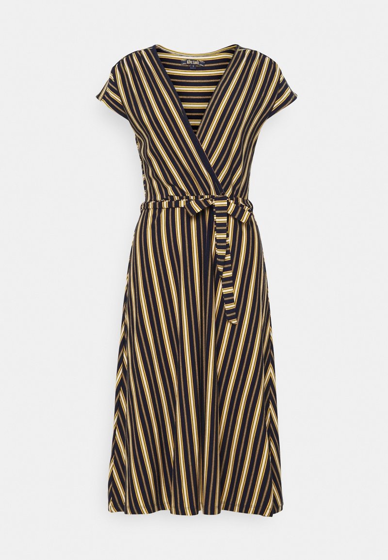 Römpö wear s, jossa on lyhyet hihat, mustia ja keltaisia pystysuoria raitoja, v-kaula-aukko ja sidottu vyötärö. Pehmeää kangasta, jossa on lentävä muotoilu.