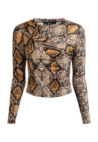 Lange mouwen top in slangenprint: heeft bruin, zwart en oranje kleuren, een getailleerd ontwerp, textuurstof met een twistdetail bij de halslijn.