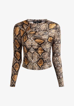 Lange mouwen top in slangenprint: heeft bruin, zwart en oranje kleuren, een getailleerd ontwerp, textuurstof met een twistdetail bij de halslijn.