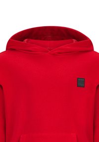 Felpa rossa realizzata in tessuto misto cotone, con tasca frontale e etichetta del marchio sul petto. Texture liscia, design classico a pullover.