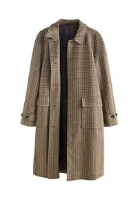 Długi płaszcz w wzór houndstooth w odcieniach beżu, czerni i fioletu, z klapami, przednimi kieszeniami i zapinanymi mankietami, otwarty z przodu z widoczną ciemną podszewką.