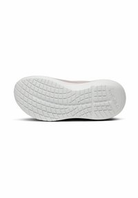 Hvid sneakersål med et tekstureret gummigreb, der har en glat, afrundet kant og et logoindtryk på hælen.