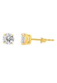 Gold-toned stud earrings featuring large, round, clear gemstones held in six-prong settings. Smooth metal finish with a polished look.