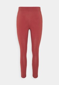 Röda stretchiga leggings med hög midja, som har en slät textur och en åtsittande design, som smalnar av vid anklarna.