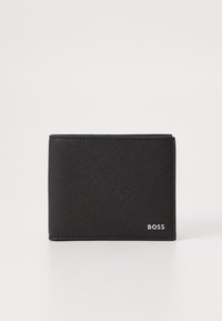 Black bifold wallet made of textured material. Features a small "BOSS" logo in white. Compact design, minimalistic with no additional patterns.