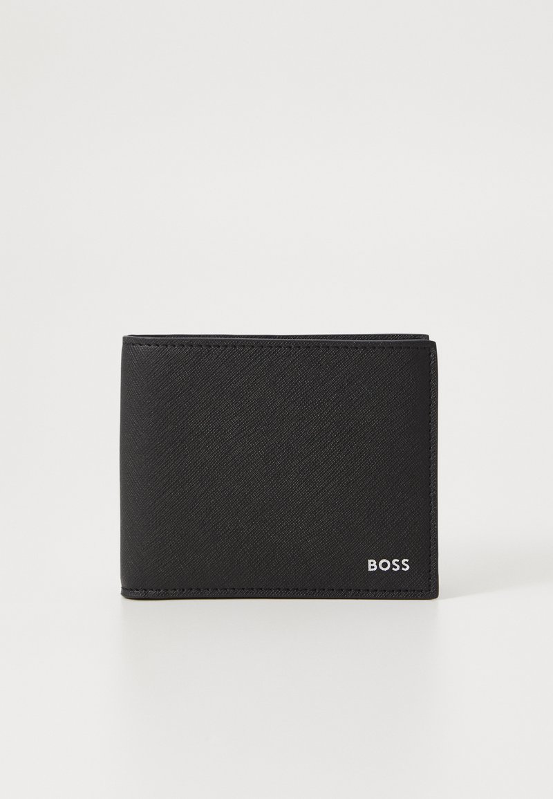 Black bifold wallet made of textured material. Features a small "BOSS" logo in white. Compact design, minimalistic with no additional patterns.