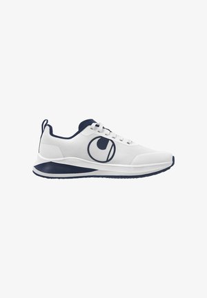 Witte en marineblauwe sportschoen met veters, gevoerde zool, rond logo aan de zijkant en trekkoordje bij de hiel.