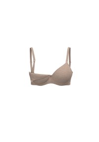 Beige bh med en slät textur, triangulära kupor, justerbara remmar och en hake-och-ögla-stängning på baksidan för en säker passform.