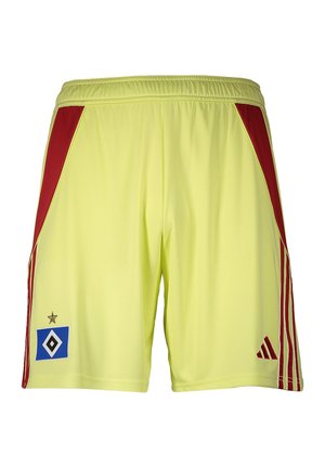Żółte spodenki sportowe z czerwonymi bocznymi panelami i paskami, z niebiesko-białym logo w kształcie diamentu ze złotą gwiazdą i czerwonym logo Adidas.
