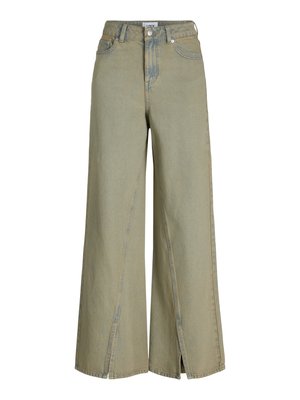 Hellgrüne weit geschnittene Jeans aus Denim, mit hohem Taillenbund, seitlichen Schlitzen und klassischen Taschendetails.
