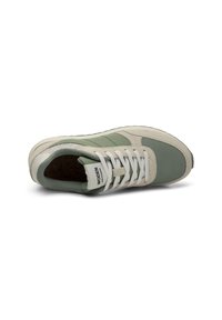 Green and beige athletic sneaker with a textured upper, mesh panels, and white laces. Features a cushioned interior and a rubber sole.