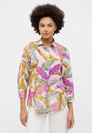 Long-sleeve, button-up shirt in lightweight fabric featuring a multicolored tropical leaf pattern in pink, green, and yellow on a light background.