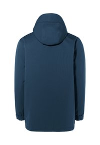 Giacca impermeabile blu navy con cappuccio, polsini elastici e vestibilità rilassata. Texture liscia, senza motivi visibili, vista dal retro.