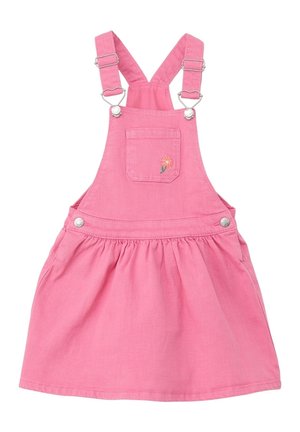 Rosa Jeans-Latzkleid mit verstellbaren Schulterriemen, einer Vordertasche mit gesticktem Blumendetail und einem gerafften Rock.