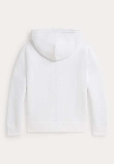 Sweat à capuche blanc uni vu de dos, doté de manches longues et d'une capuche attachée sans logos ni motifs visibles.