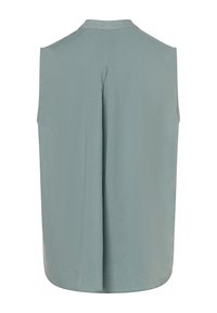 Sleeveless, light blue top featuring a behind pleat and round neckline, made of a soft, smooth fabric with no visible seams or hardware.