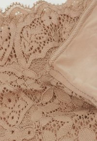 Bordure en dentelle de couleur beige doux avec des motifs floraux, superposée sur un tissu satiné lisse, mettant en valeur une texture délicate et un design complexe.