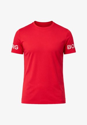 Rotes T-Shirt mit kurzen Ärmeln und Rundhalsausschnitt, mit weißem Schriftzug „BORG“ auf jedem Ärmel, dargestellt vor einem schlichten weißen Hintergrund.