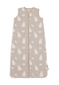 Saco de sommeil beige clair avec des motifs de lapins et de chiens, fabriqué en coton doux, avec une fermeture éclair à l'avant, un design sans manches et des bords arrondis.