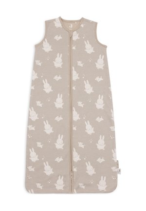 Saco de sommeil beige clair avec des motifs de lapins et de chiens, fabriqué en coton doux, avec une fermeture éclair à l'avant, un design sans manches et des bords arrondis.