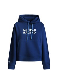 Sweat à capuche bleu marine en tissu doux, doté d'une poche kangourou, d'une capuche ajustable avec cordon et d'un logo "Red Bull RACING" blanc sur le devant.