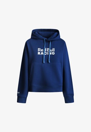 Sudadera azul marino hecha de tela suave, con un bolsillo tipo canguro, capucha ajustable con cordón y el logo blanco de "Red Bull RACING" en el frente.
