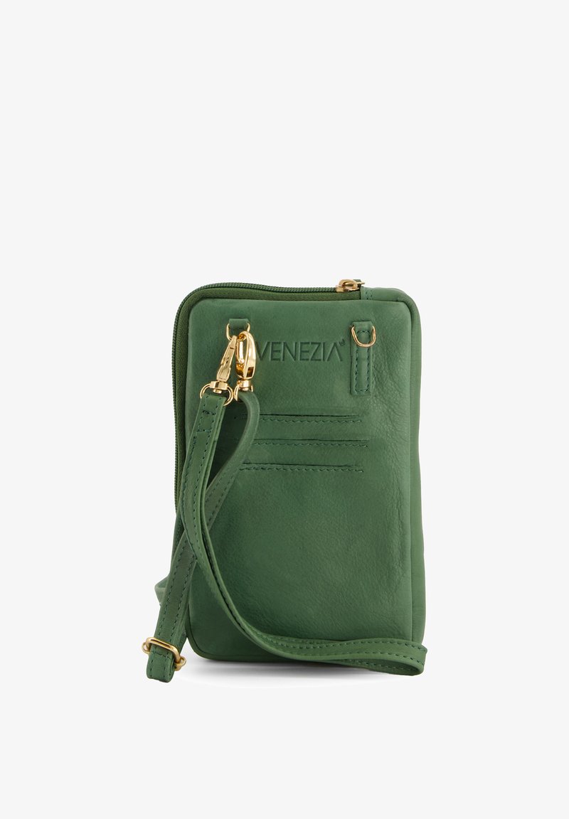 Green leather crossbody bag with gold hardware, zip closure, and multiple card slots. Features a detachable strap for versatility.