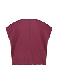 Vue arrière d'un haut sans manches, court, de couleur rose foncé avec une couture verticale centrale et une large conception des épaules.