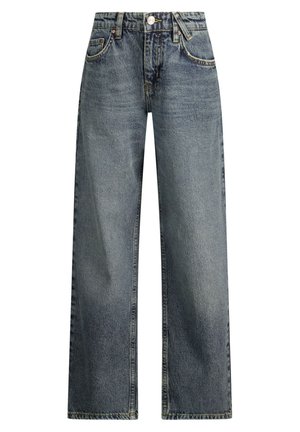 Jeans i blå denim med høj talje og lige ben, forlommer, bæltestropper, knaplukning og detaljer med falmet vask.
