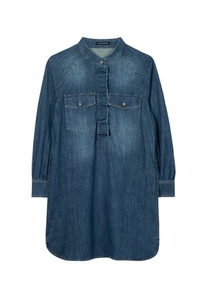 Denimhemdkleid, dunkelblau, mit Kragen und langen Ärmeln, gesmoktem Vorderteil, zwei Brusttaschen mit Druckknöpfen, abgerundetem Saum.