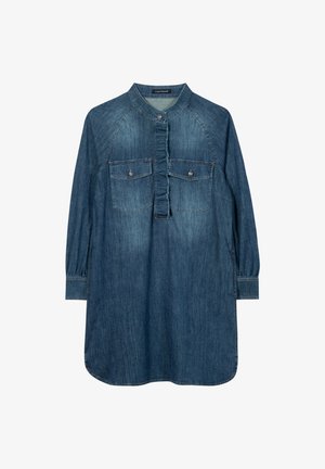 Denimhemdkleid, dunkelblau, mit Kragen und langen Ärmeln, gesmoktem Vorderteil, zwei Brusttaschen mit Druckknöpfen, abgerundetem Saum.