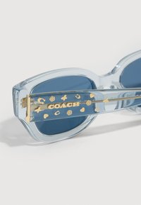 Caurspīdīgas gaiši zilas saulesbrilles ar tumšiem stikliem, zelta metāla kāti, kas rotāti ar Coach logo un dekoratīviem ziedu un sirdij līdzīgiem motīviem.