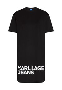 Crna oversized majica od pamuka s kratkim rukavima i okruglim izrezom. Sadrži tekst "KARL LAGERFELD JEANS" u debelim bijelim slovima.