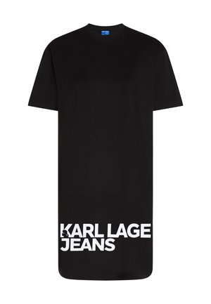 Must värvi üle mõõteline t-särk, mis on valmistatud puuvillast, lühikeste varrukatega ja ümarate kaelus. Esitleb teksti "KARL LAGERFELD JEANS" julgete valgete tähtedega.