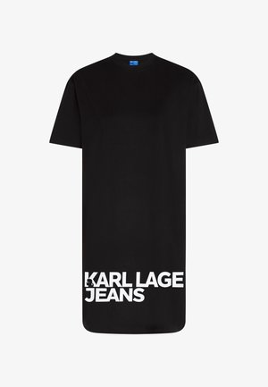 Zwarte oversized t-shirt van katoen met korte mouwen en een ronde hals. Toont de tekst "KARL LAGERFELD JEANS" in vette witte letters.