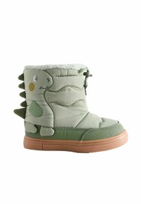 Zöld plüsscsizma, struktúrált felülettel, oldalán dinoszaurusz mintával és bézs gumitalppal. Puha, szigetelt bélés.