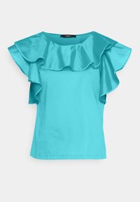 Top corto de color turquesa con un escote fruncido brillante y una textura de tela suave. Corte relajado y dobladillo limpio.